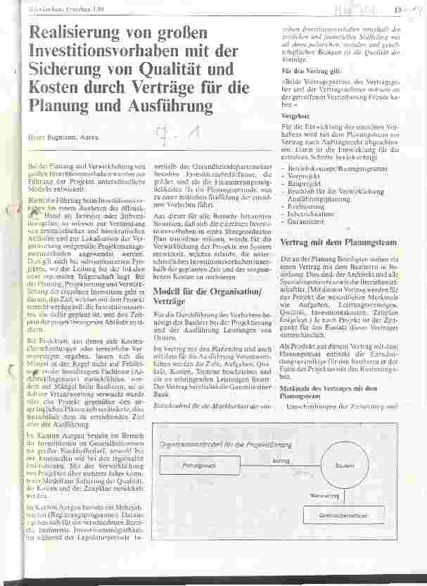 Vorschauseite 1: Realisierung von großen Investitionsvorhaben mit der Sicherung von Qualität und Kosten durch Verträge für die Planung und Ausführung
