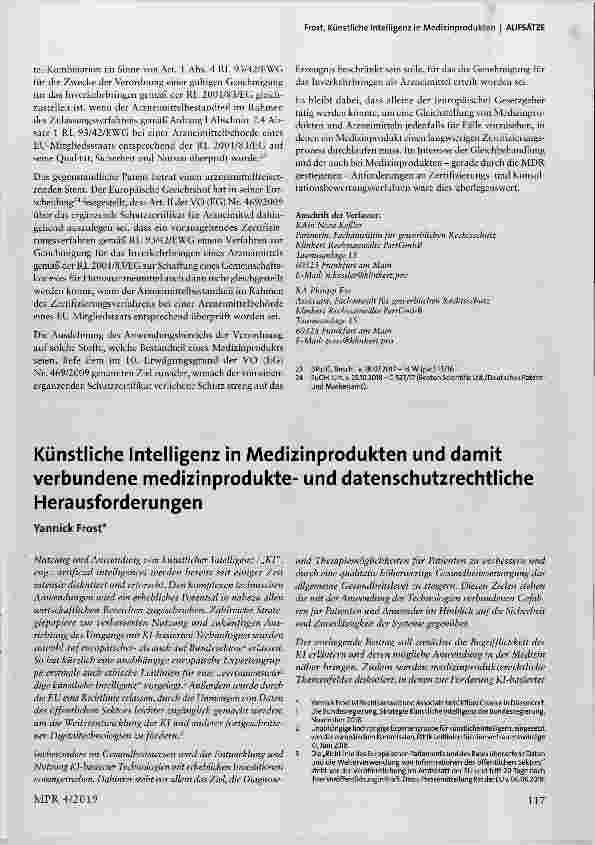 Vorschauseite 1: Künstliche Intelligenz in Medizinprodukten und damit verbundene medizinprodukteund datenschutzrechtliche Herausforderungen
