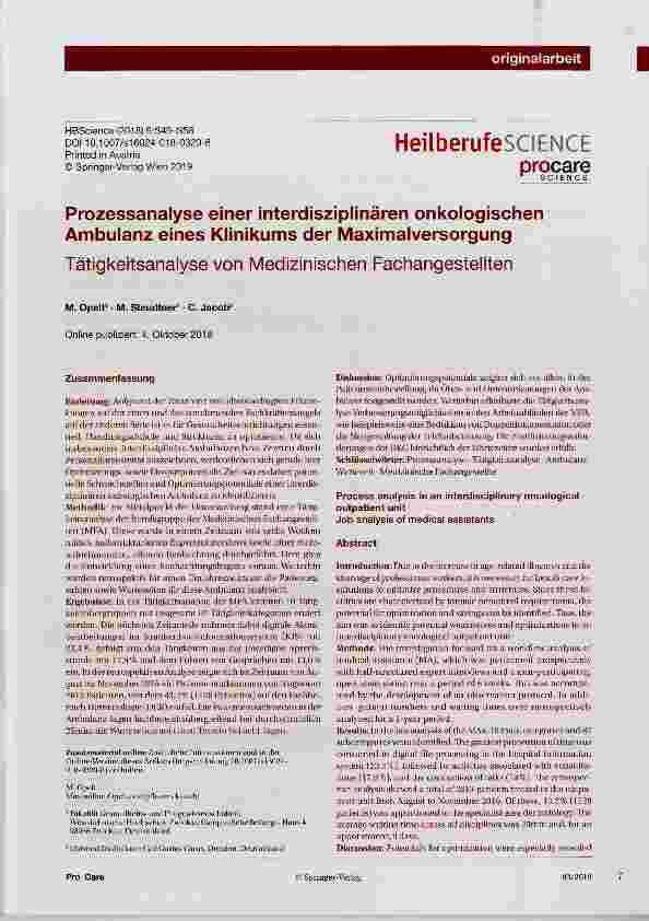 Vorschauseite 1: Prozessanalyse einer interdisziplinären onkologischen Ambulanz eines Klinikums der Maximalversorgung