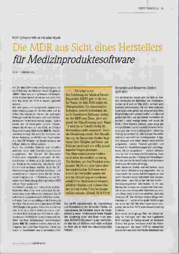 Vorschauseite 1: Die MDR aus Sicht eines Herstellers für Medizinproduktesoftware