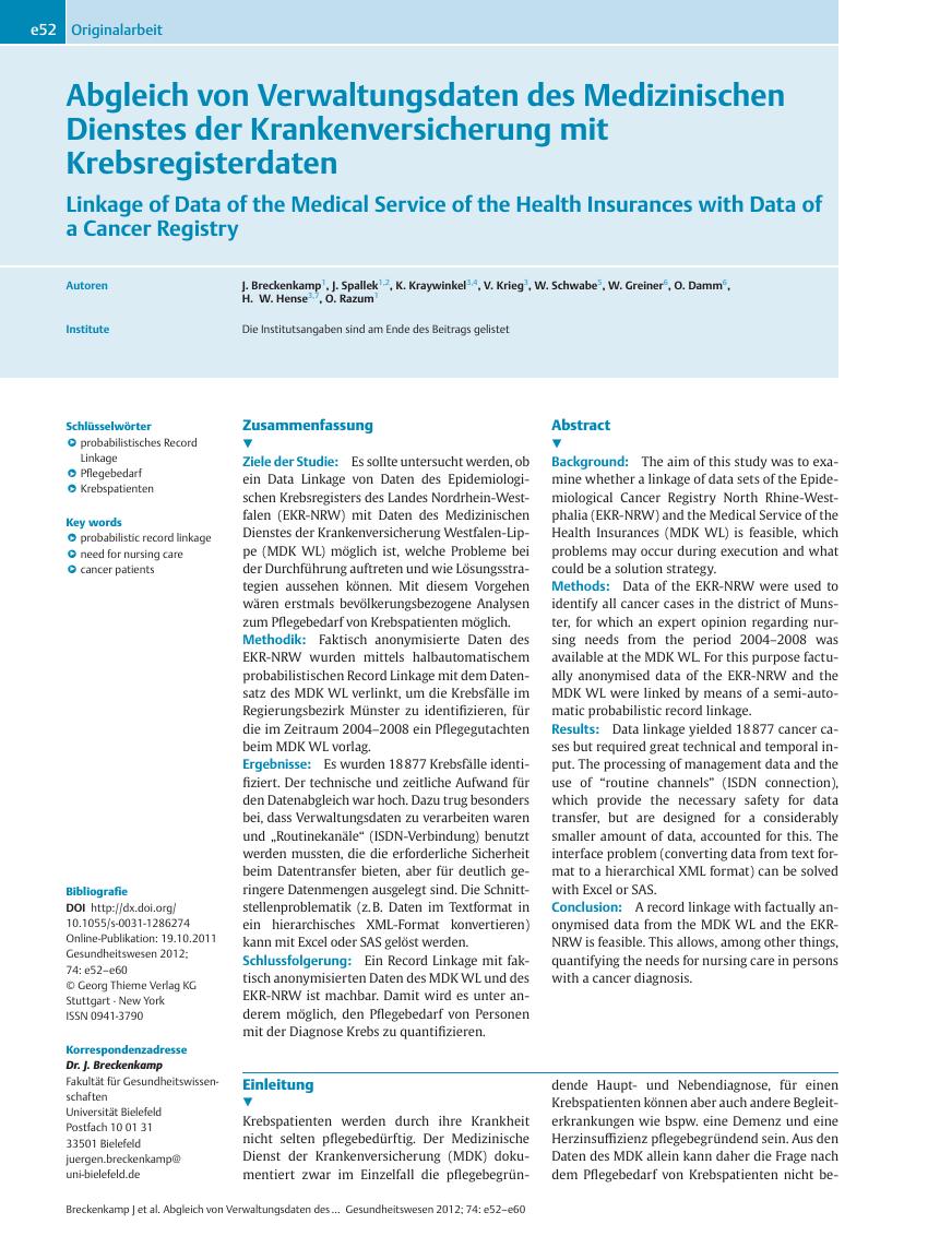 Vorschauseite 1: Abgleich von Verwaltungsdaten des Medizinischen Dienstes der Krankenversicherung mit Krebsregisterdaten