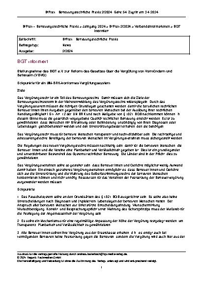 Vorschauseite 1: BGT informiert: Stellungnahme des BGT e.V. zur Reform des Gesetzes über die Vergütung von Vormündern und Betreuern (VBVG).