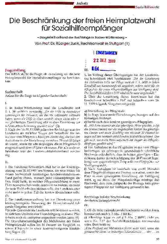 Vorschauseite 1: Die Beschränkung der freien Heimplatzwahl für Sozialhilfeempfänger