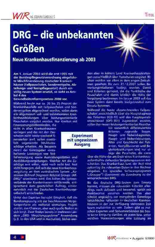 Vorschauseite 1: DRG - die unbekannten Größen Neue Krankenhausfinanzierung ab 2003