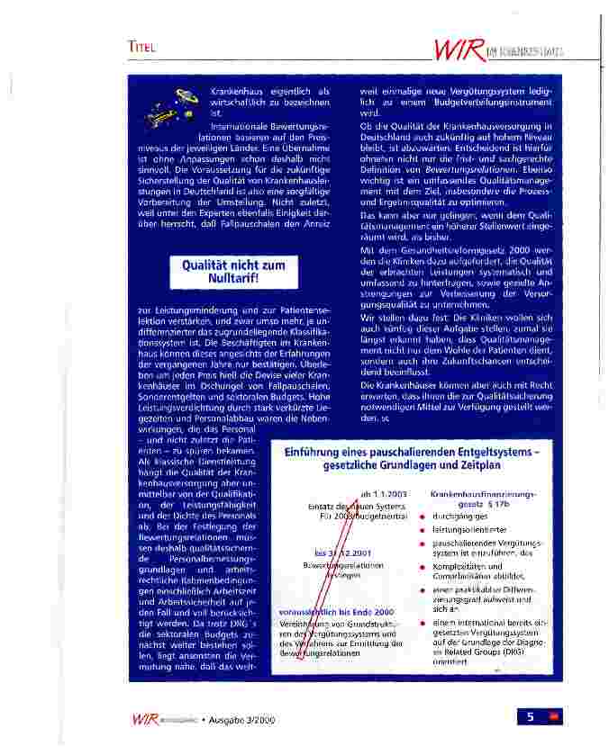 Vorschauseite 2: DRG - die unbekannten Größen Neue Krankenhausfinanzierung ab 2003