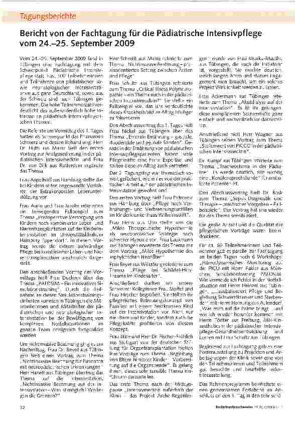 Vorschauseite 1: Bericht von der Fachtagung für die Pädiatrische Intensivpflege vom 24.-25, September 2009