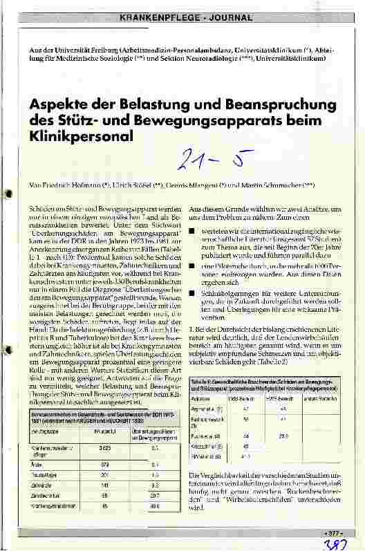 Vorschauseite 1: Aspekte der Belastung und Beanspruchung des Stützund Bewegungsapparates beim Klinikpersonal