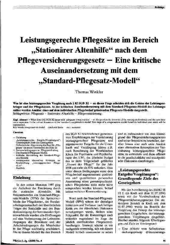 Vorschauseite 1: Leistungsgerechte Pflegesätze im Bereich Stationärer Altenhilfe nach dem Pflegeversicherungsgesetz Eine kritische Auseinandersetzung mit dem Standart-Pflegesatz-Modell