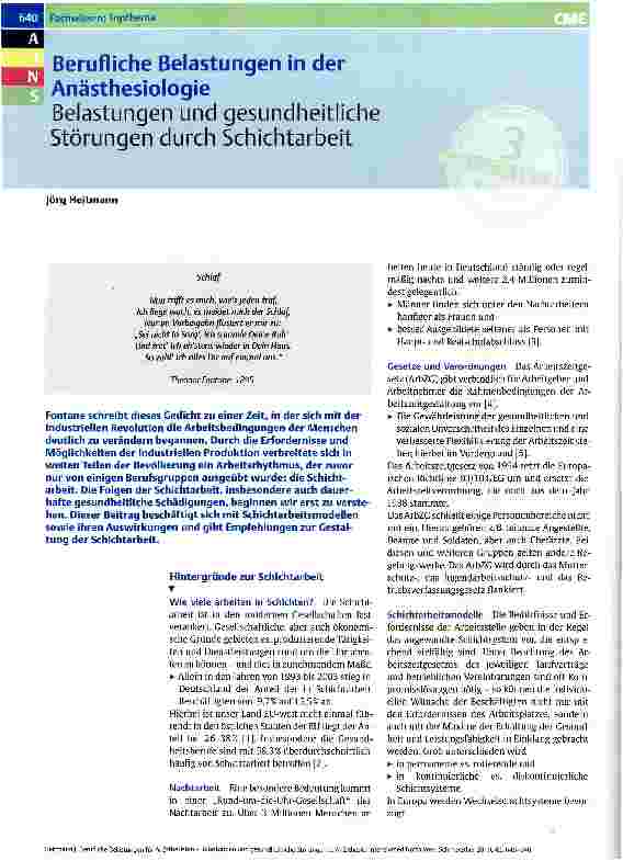Vorschauseite 1: Berufliche Belastungen in der Anästhesiologie Belastungen und gesundheitliche Störungen durch Schichtarbeit