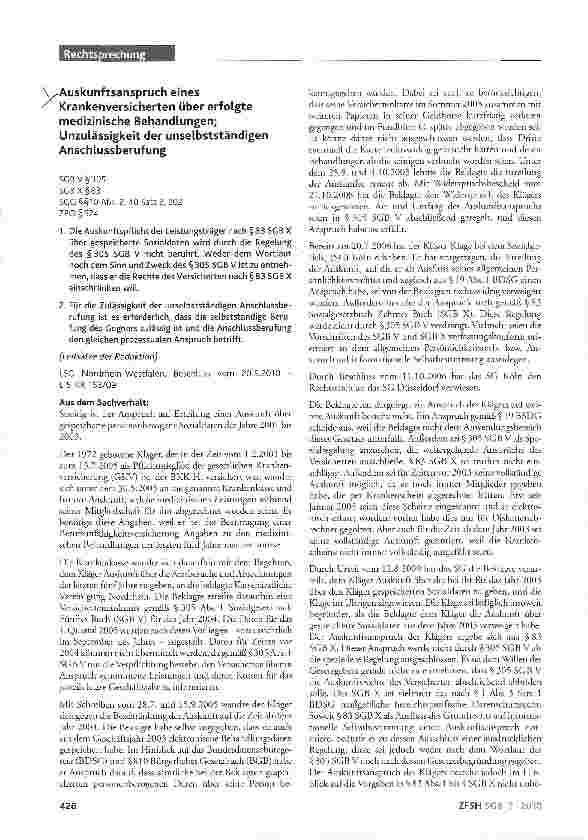Vorschauseite 1: Auskunftsanspruch eines Krankenversicherten über erfolgte medizinische Behandlungen; Unzulässigkeit der unselbstständigen Anschlussberufung