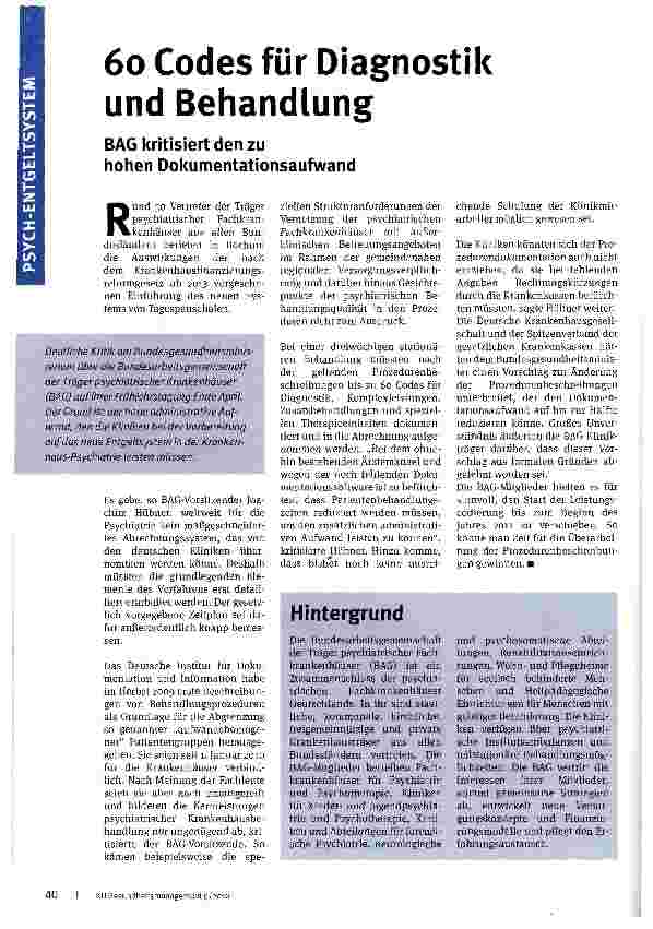 Vorschauseite 1: 6o Codes für Diagnostik und Behandlung BAG kritisiert den zu hohen Dokumentationsaufwand