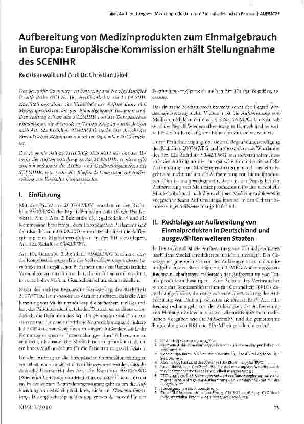 Vorschauseite 1: Aufbereitung von Medizinprodukten zum Einmalgebrauch in Europa: Europäische Kommission erhält Stellungnahme desSCENIHR