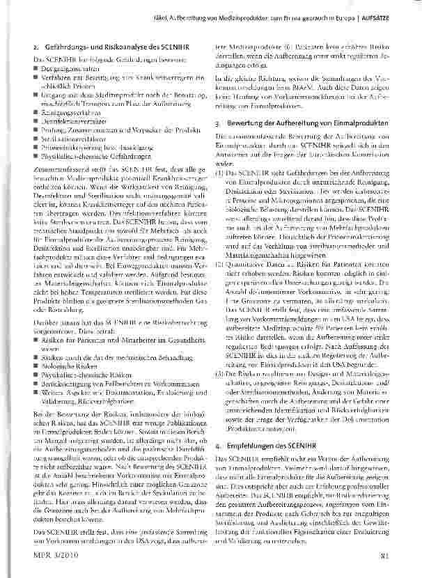Vorschauseite 3: Aufbereitung von Medizinprodukten zum Einmalgebrauch in Europa: Europäische Kommission erhält Stellungnahme desSCENIHR