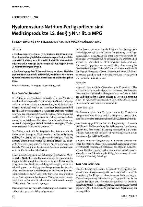 Vorschauseite 1: Hyaluronsäure-Natrium-Fertigspritzen sind Medizinprodukte i.S. des § 3 Nr. 1 lit. a MPG