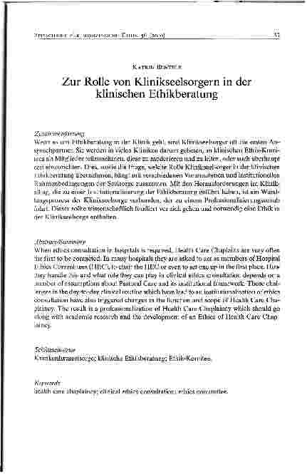 Vorschauseite 1: Zur Rolle von Klinikseelsorgern in der klinischen Ethikberatung
