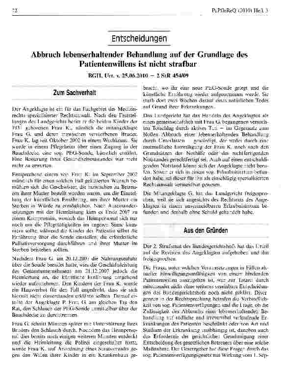 Vorschauseite 1: Abbruch lebenserhaltender Behandlung auf der Grundlage des Patientenwillens ist nicht strafbarBGH, Urt. v. 25.06.2010 - 2 StR 454/09