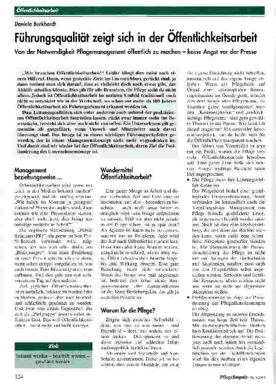 Vorschauseite 1: Führungsqualität zeigt sich in der Öffentlichkeitsarbeit Von der Notwendigkeit Pflegemanagement öffentlich zu machen