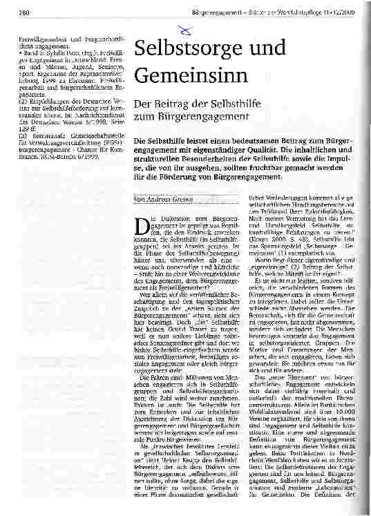 Vorschauseite 1: Selbstsorge und Gemeinsinn Der Beitrag der Selbsthilfe zum Bürgerengagement