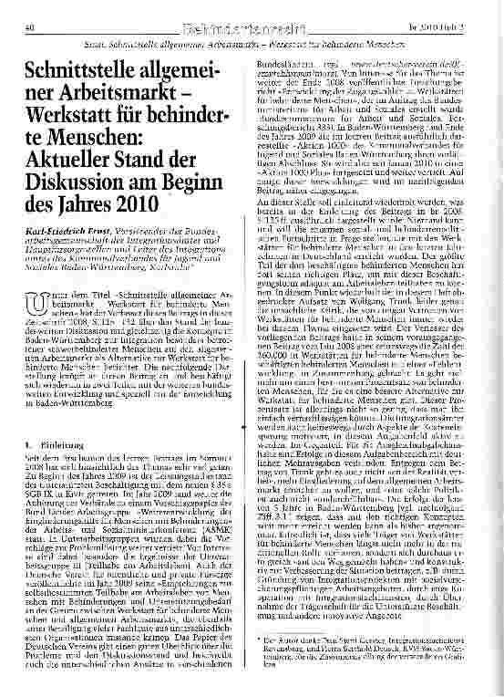 Vorschauseite 1: Schnittstelle allgemeiner Arbeitsmarkt -Werkstatt für behinderte Menschen: Aktueller Stand der Diskussion am Beginn des Jahres 2010