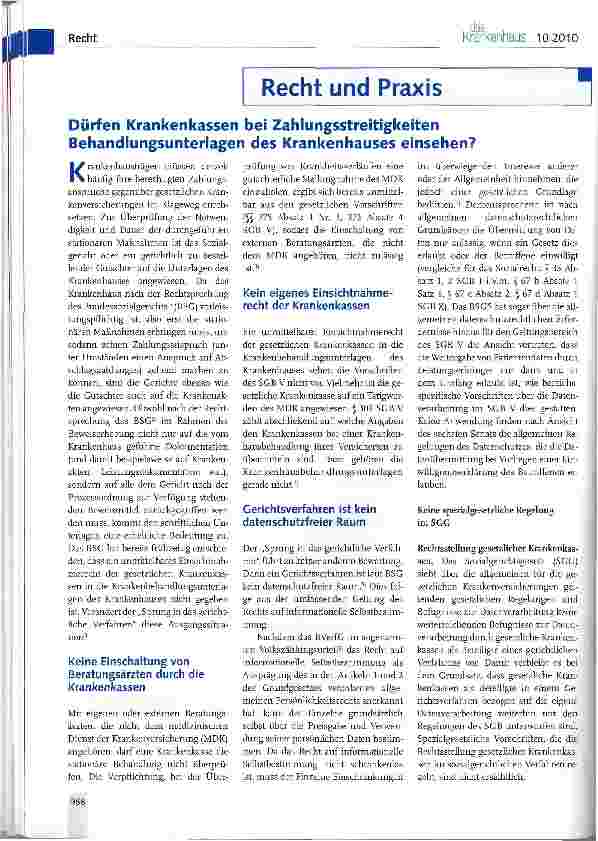 Vorschauseite 1: Dürfen Krankenkassen bei Zahlungsstreitigkeiten Behandlungsunterlagen des Krankenhauses einsehen?