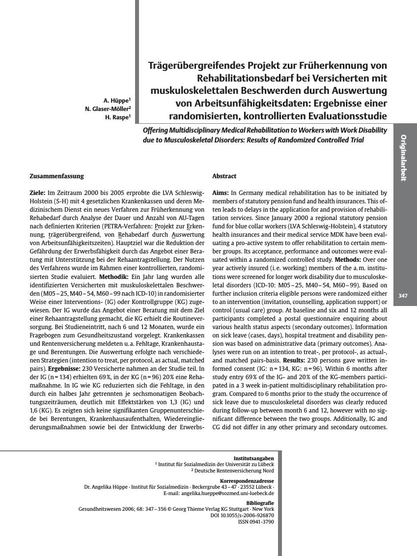 Vorschauseite 1: Trägerübergreifendes Projekt zur Früherkennung von Rehabilitationsbedarf bei Versicherten mit muskuloskelettalen Beschwerden durch Auswertung von Arbeitsunfähigkeitsdaten: Ergebni…