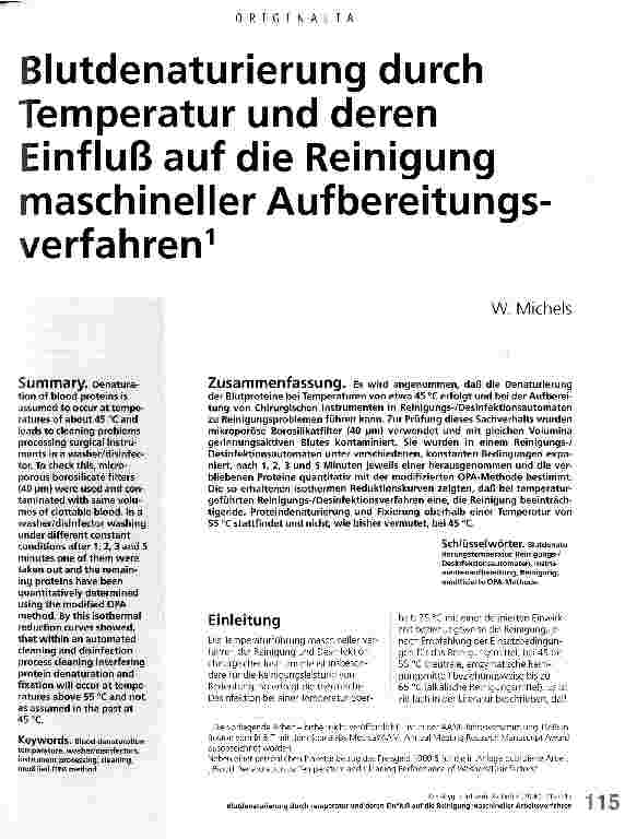Vorschauseite 1: Blutdenaturierung durch Temperatur und deren Einfluß auf die Reinigung maschineller Aufbereitungsverfahren