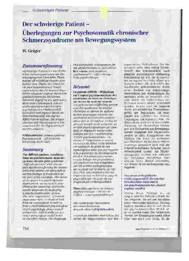 Vorschauseite 1: Der schwierige Patient - Überlegungen zur Psychosomatik chronischer Schmerzsyndrome am Bewegungssystem