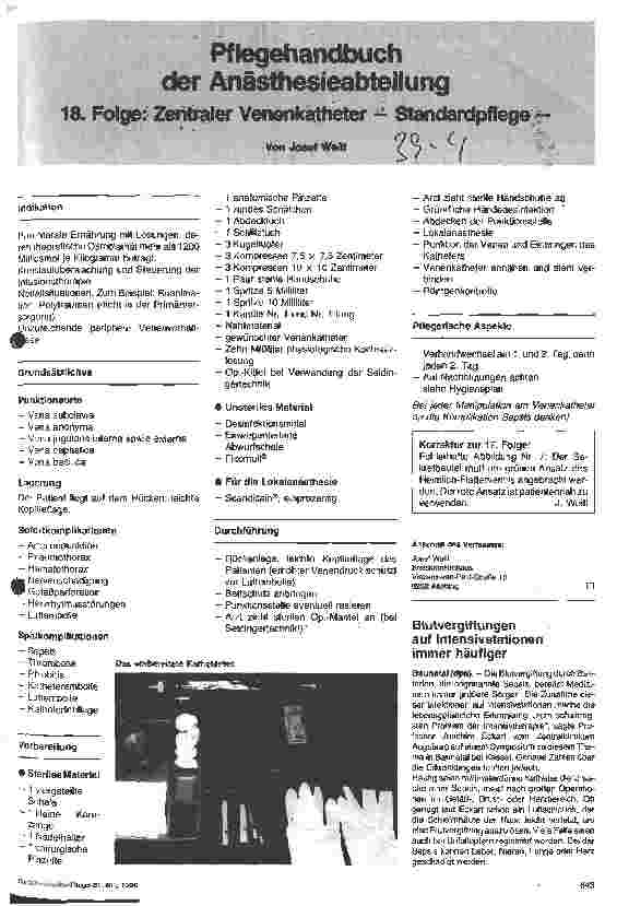Vorschauseite 1: Pflegehandbuch der Anästhesieabteilung 18. Folge: Zentraler Venenkatheter - Standardpflege -