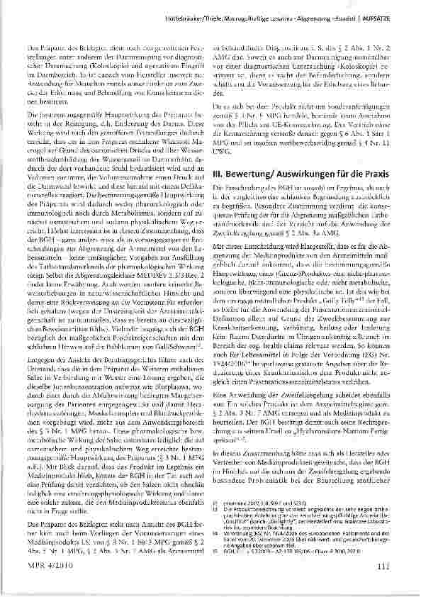 Vorschauseite 3: Macrogolhaltige Laxativa - Abgrenzung reloaded - Anmerkung zum Urteil des BGH vom 10.12.2009 - ZR189/07 - „Golly Telly1