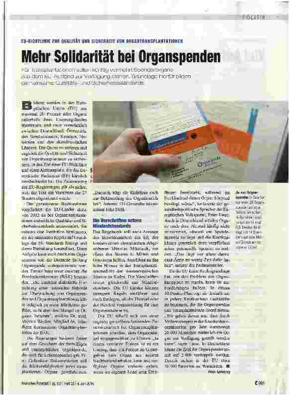 Vorschauseite 1: Mehr Solidarität bei Organspenden