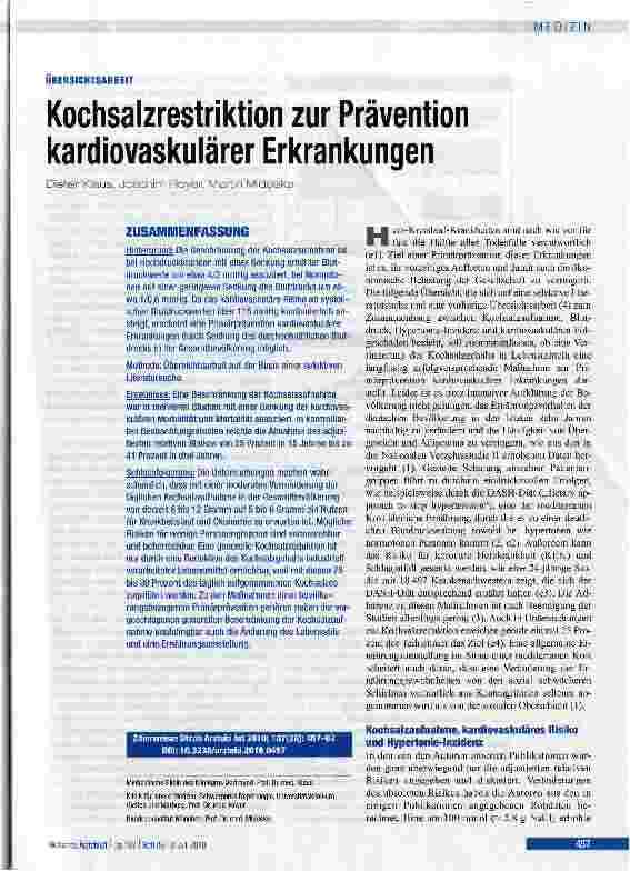 Vorschauseite 1: Kochsalzrestriktion zur Prävention kardiovaskulärer Erkrankungen