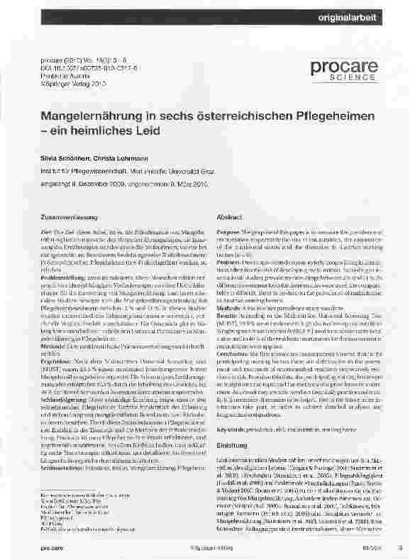 Vorschauseite 1: Mangelernährung in sechs österreichischen Pflegeheimen - ein heimliches Leid