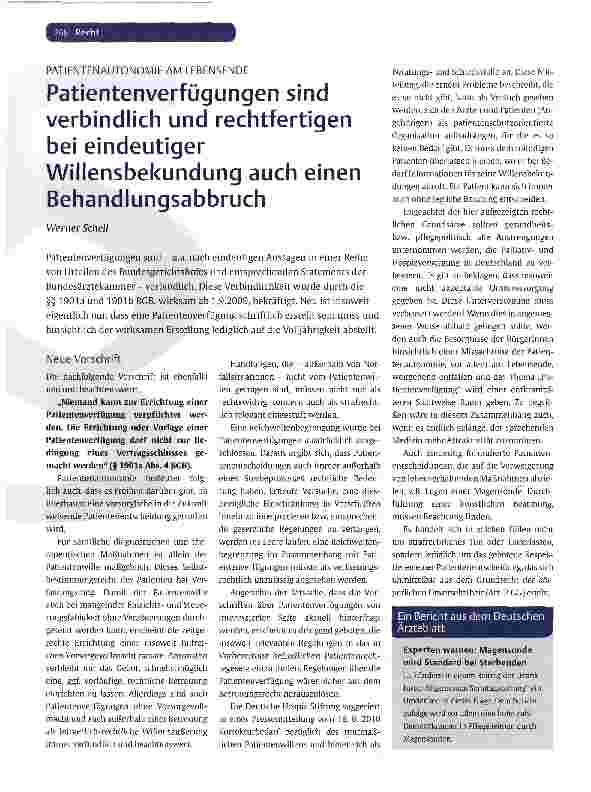 Vorschauseite 1: Patientenverfügungen sind verbindlich und rechtfertigen bei eindeutiger Willensbekundung auch einen Behandlungsabbruch