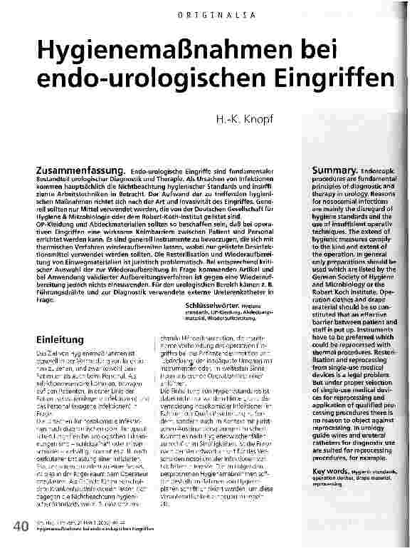 Vorschauseite 1: Hygienemaßnahmen bei endo-urologischen Eingriffen