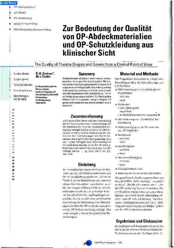 Vorschauseite 1: Zur Bedeutung der Qualität von OP-Abdeckmaterialien und OP-Schutzkleidung aus klinischer Sicht