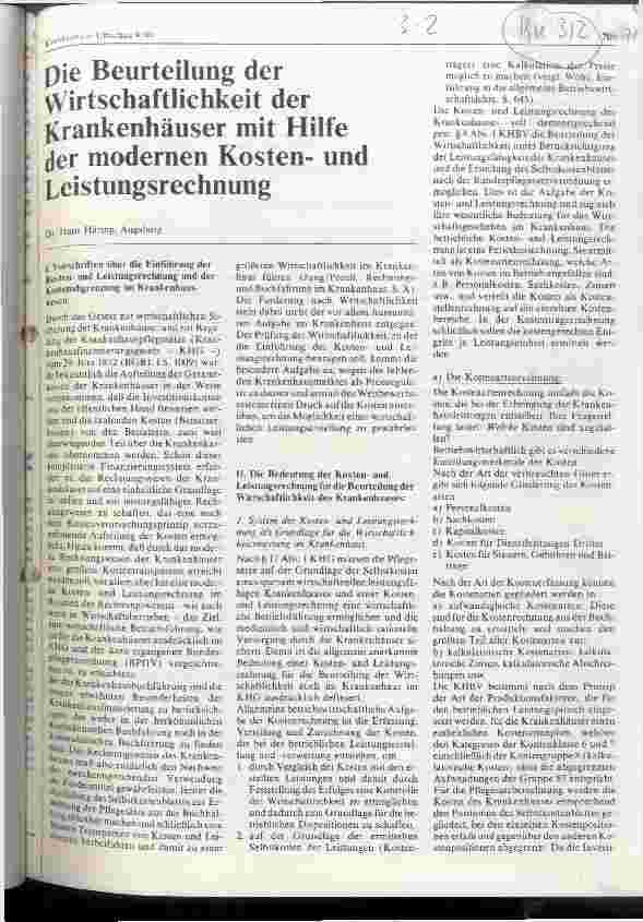Vorschauseite 1: Die Beurteilung der Wirtschaftlichkeit der Krankenhäuser mit Hilfe der modernen Kostenund Leistungsrechnung
