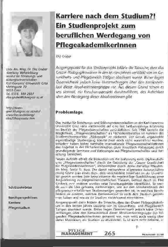 Vorschauseite 1: Karriere nach dem Studium? ! Ein Studienprojekt zum beruflichen Werdegang von PflegeakademikerInnen