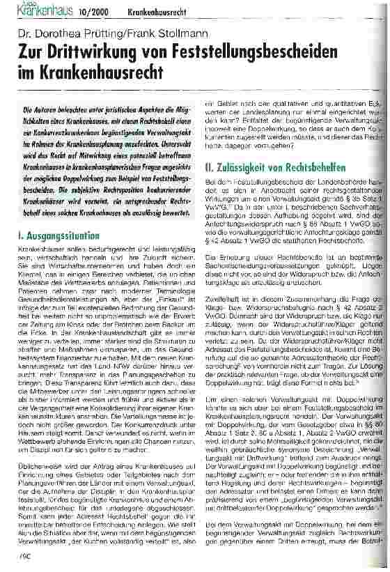 Vorschauseite 1: Zur Drittwirkung von Feststellungsbescheiden im Krankenhausrecht