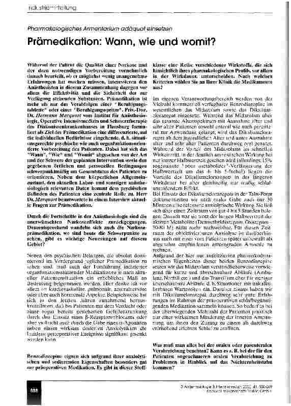 Vorschauseite 1: Prämedikation: Wann, wie und womit? Pharmakologisches Armentarium adäquat einsetzen