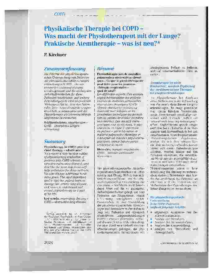 Vorschauseite 1: Physikalische Therapie bei COPD -Was macht der Physiotherapeut mit der Lunge? Praktische Atemtherapie - was ist neu? *
