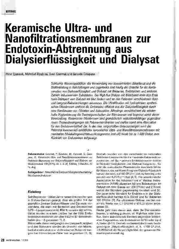Vorschauseite 1: Keramische Ultraund Nanofiltrationsmembranen zur Endotqxin-Abtrennung aus Dialysierflüssigkeit und Dialysat