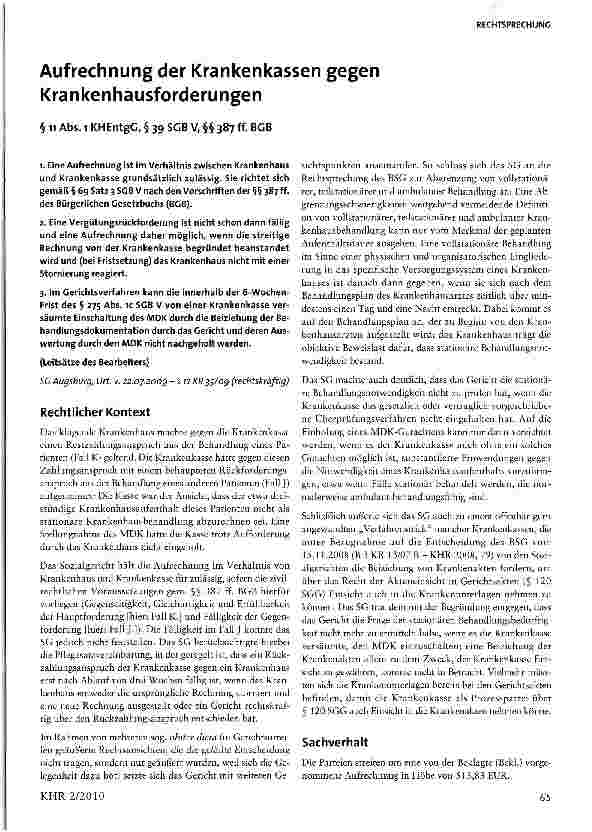 Vorschauseite 1: Aufrechnung der Krankenkassen gegen Krankenhausforderungen