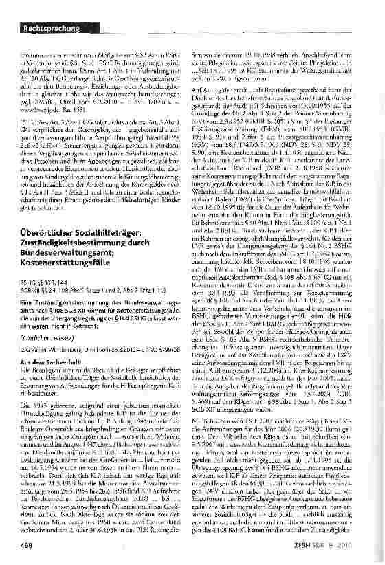 Vorschauseite 1: Überörtlicher Sozialhilfeträger; Zuständigkeitsbestimmung durch Bundesverwaltungsamt; Kostenerstattungsfälle