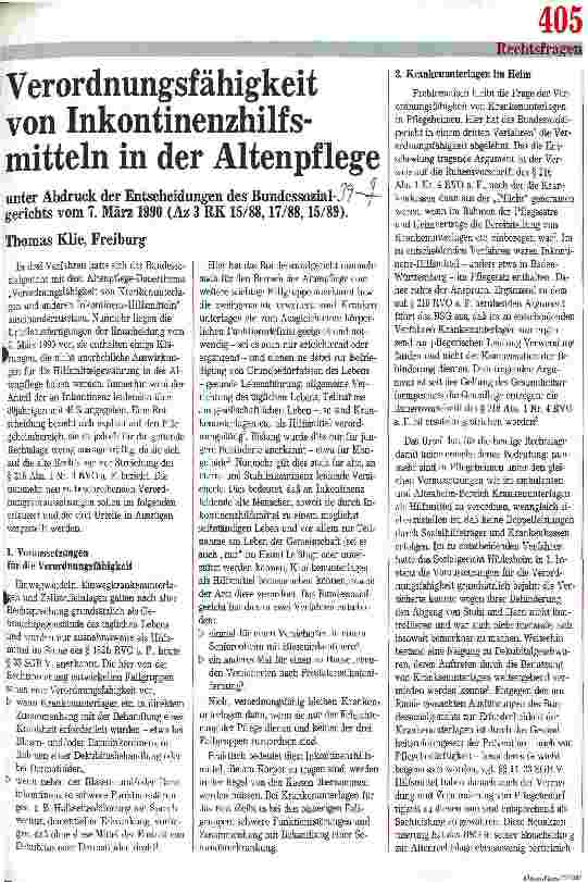 Vorschauseite 1: Verordnungsfähigkeit von Inkontinenzhilfsmitteln in der Altenpflege. Unter Abdruck der Entscheidung des Bundessozialgerichts vom 07.03.90