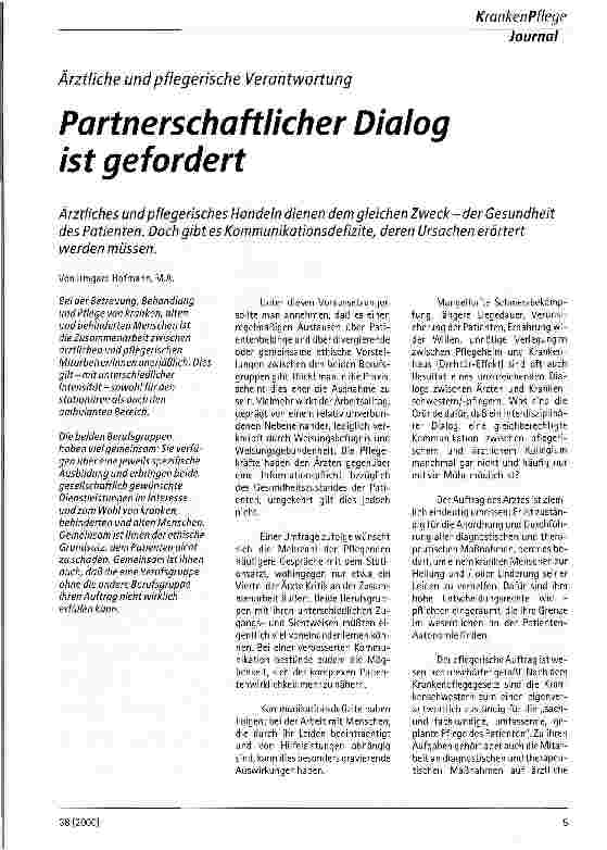 Vorschauseite 1: Partnerschaftlicher Dialog ist gefordert Ärztliche und pflegerische Verantwortung