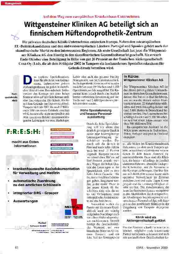 Vorschauseite 1: Wittgensteiner Kliniken AG beteiligt sich an finnischem Hüftendoprothetik-Zentrum Auf dem Weg zum europäischen Krankenhaus-Unternehmen