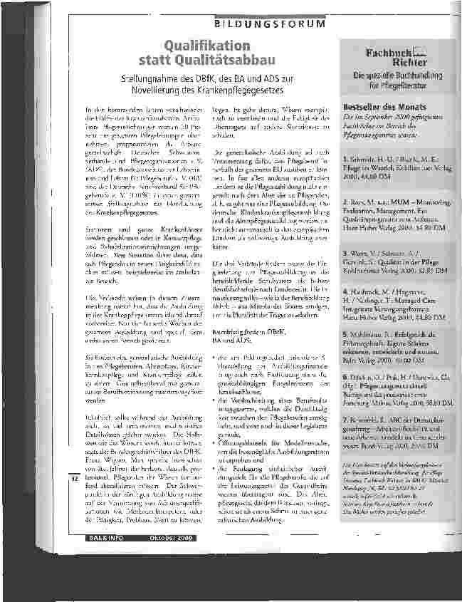 Vorschauseite 1: Qualifikation statt Qualitätsabbau Stellungnahme des DBfK, des BA und ADS zur Novellierung des Krankenpflegegesetzes