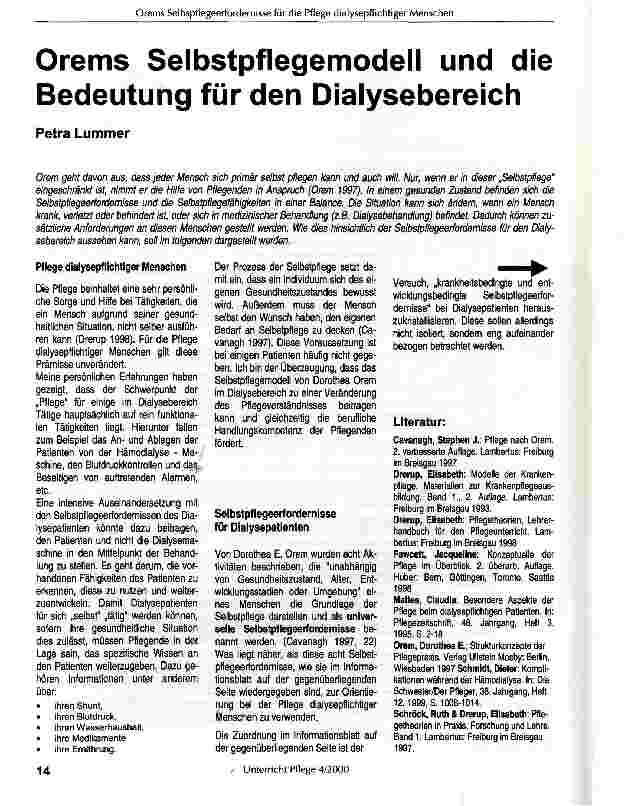 Vorschauseite 1: Orems Selbstpflegemodell und die Bedeutung für den Dialysebereich
