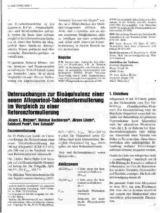 Vorschauseite 1: Untersuchungen zur Bioäquivalenz einer neuen Allopurinol-Tablettenformulierung im Vergleich zu einer Referenzformulierung