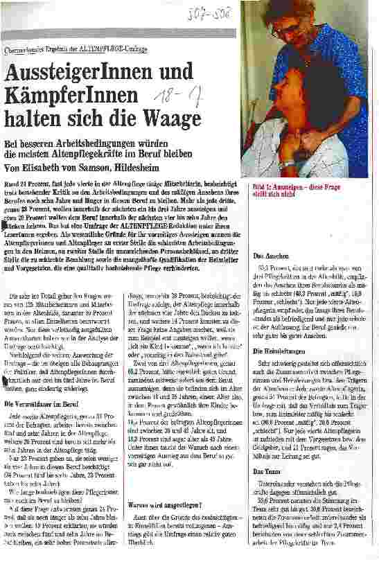 Vorschauseite 1: Überraschendes Ergebnis der Altenpflege-Umfrage: AussteigerInnen und KämpferInnen halten sich die Waage